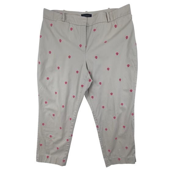 Talbots Signature Embroidered Crop Pants Size 16 Pink Shells Stretch Khaki Chino - Picture 1 of 12